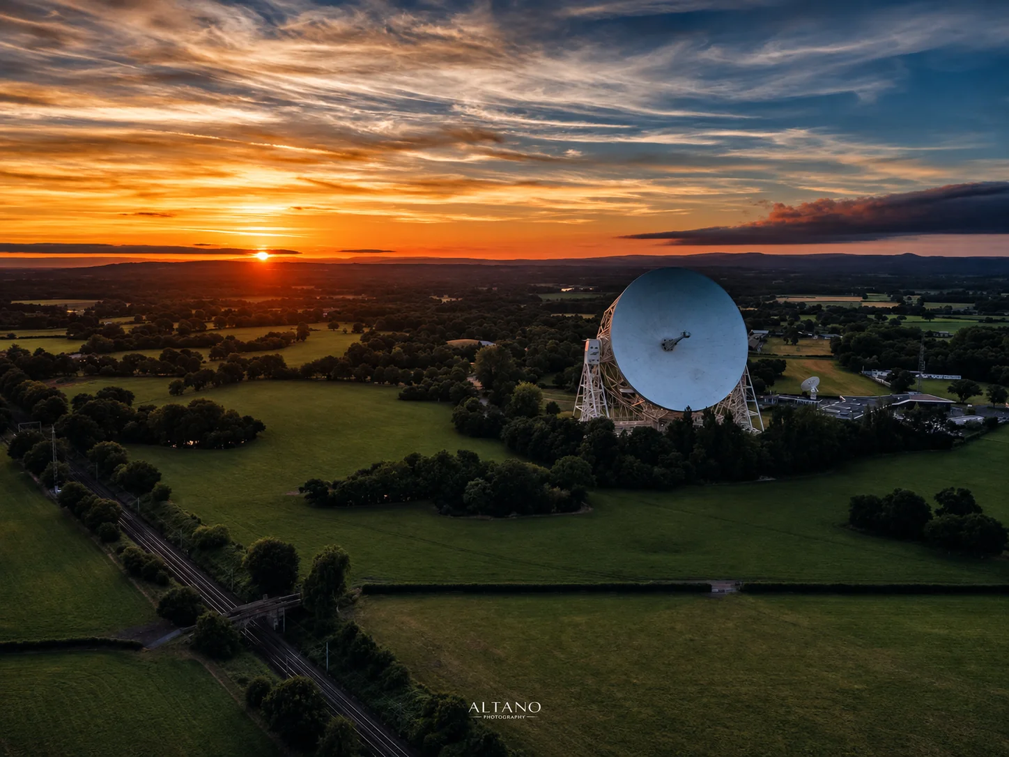 The Lovell Telescope at Jodrell Bank at sunset