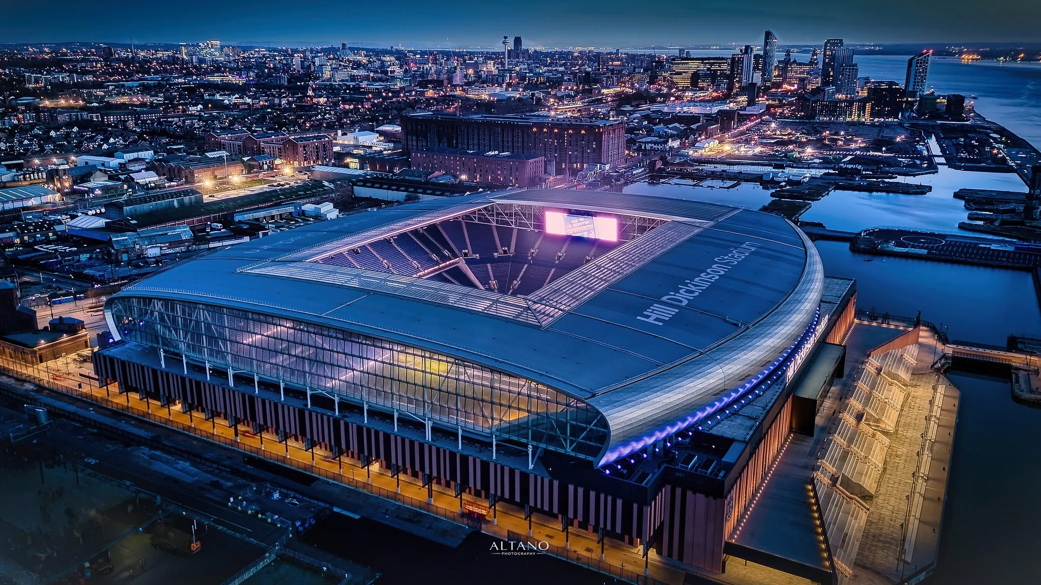 Hill Dickinson Stadium on the Liverpool waterfront at twilight