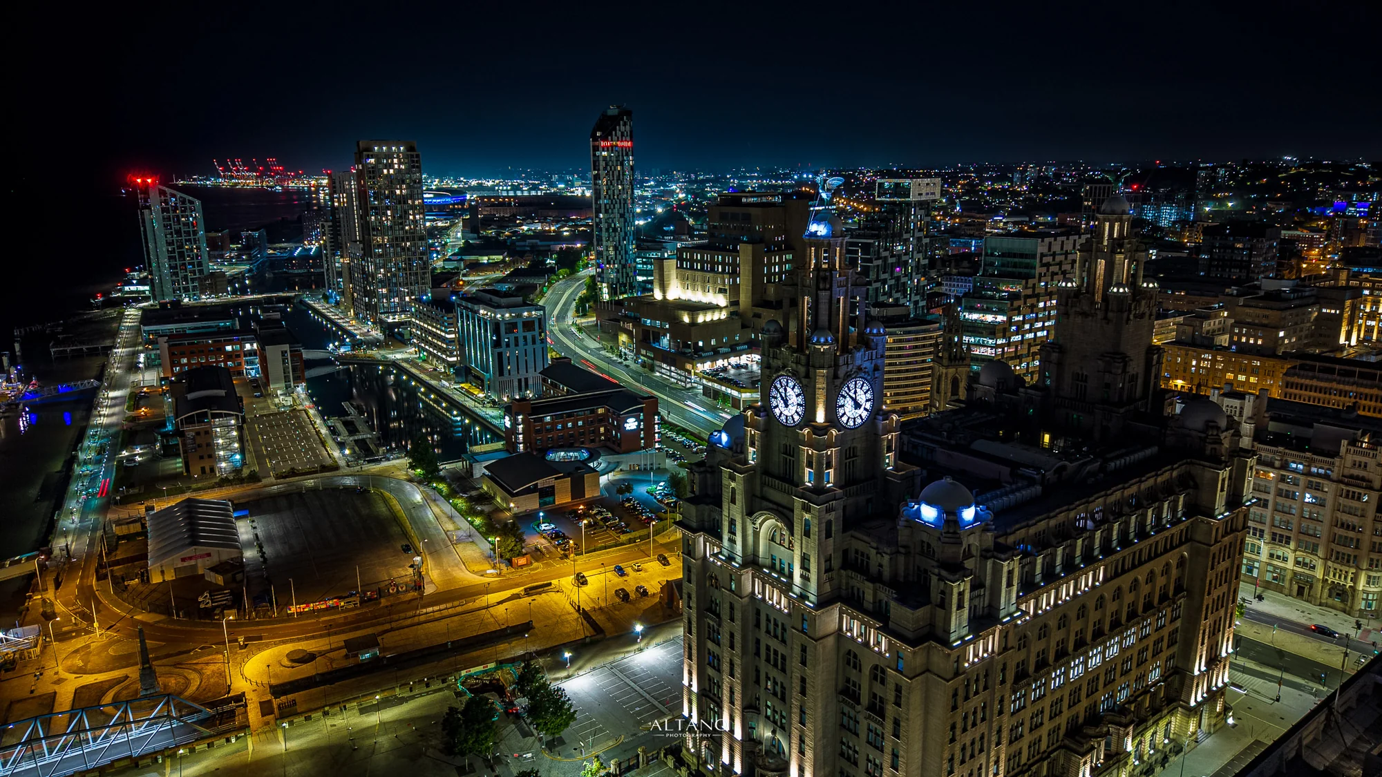 Royal Liver Building at Night, Liverpool waterfront