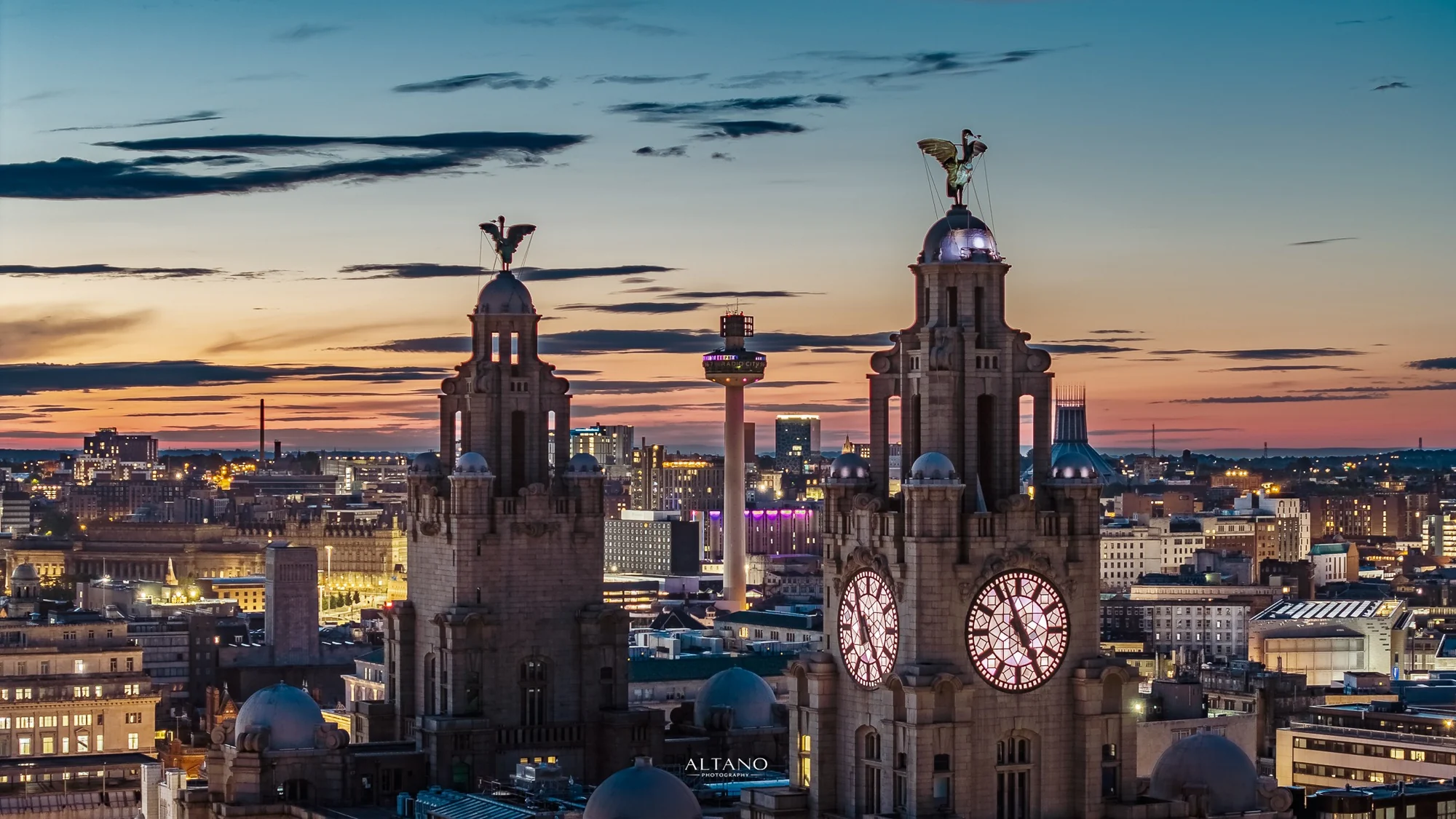Royal Liver Building at Sunrise, Liverpool skyline at first light