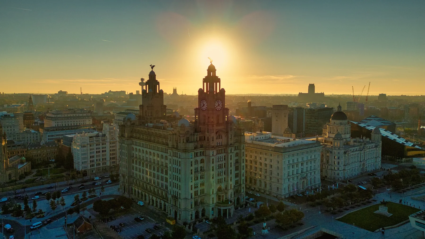 Liverpool at sunrise, The Three Graces and city skyline