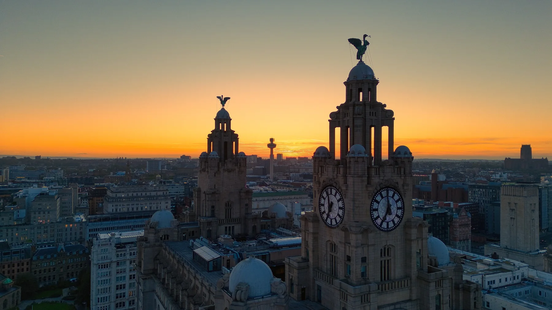 Sunset over Liverpool, Royal Liver Building and city skyline