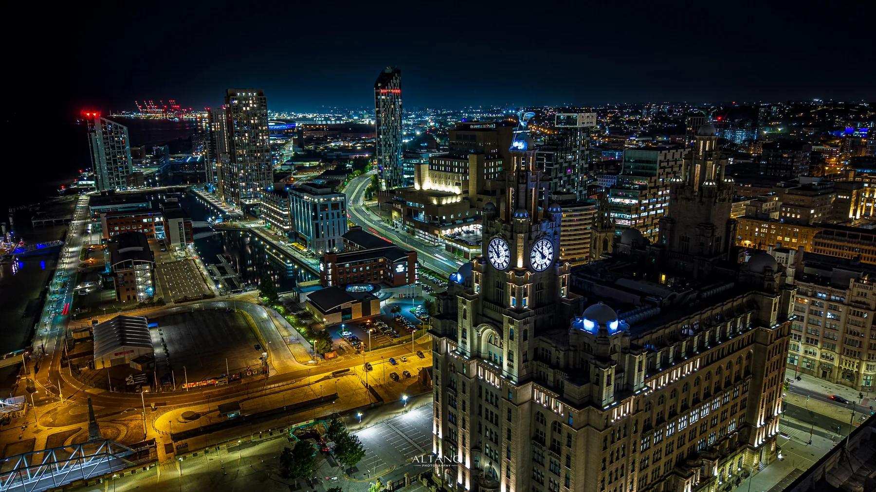 Liverpool waterfront at night, Royal Liver Building and Princes Dock